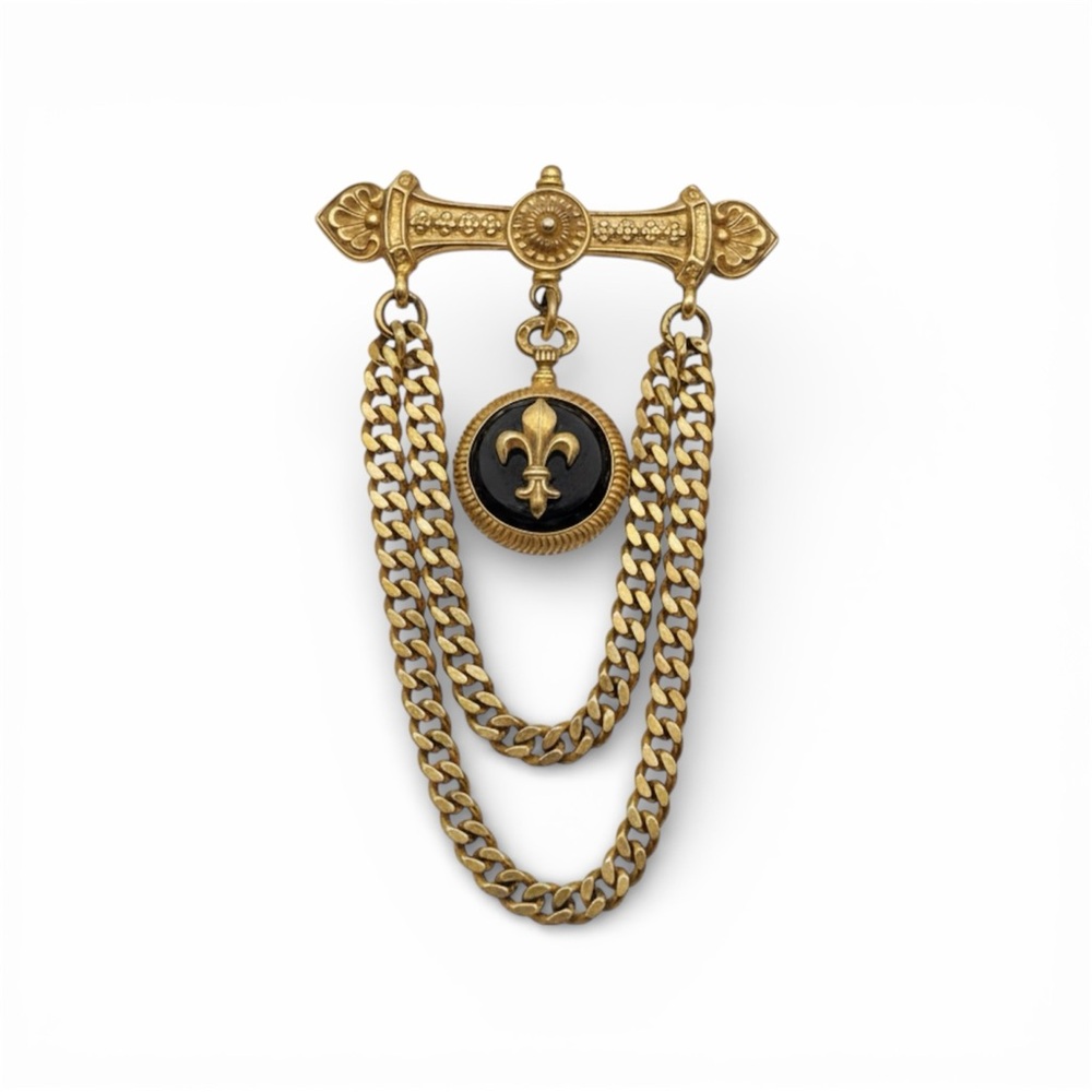 Ben-Amun Gold Tone Chain Brooch With Fleur-De-Lis Medallion